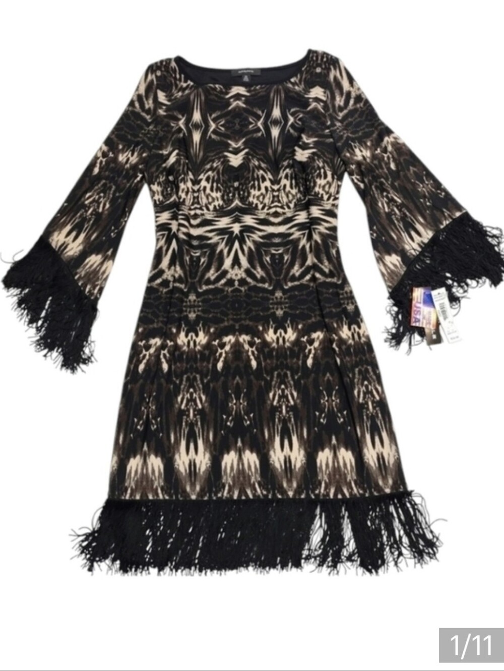 R&M Richards Black Brown White Fringe Dress Size 10 NWT - Picture 1 of 12